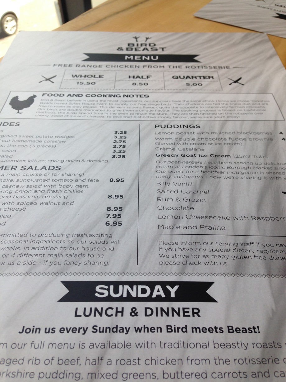 Bird and Beast menu